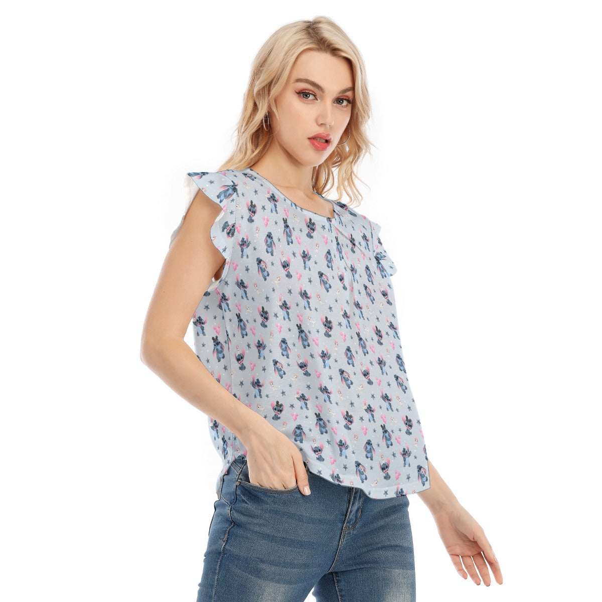 Happy Blue Alien - Women’s Flutter Sleeve Top