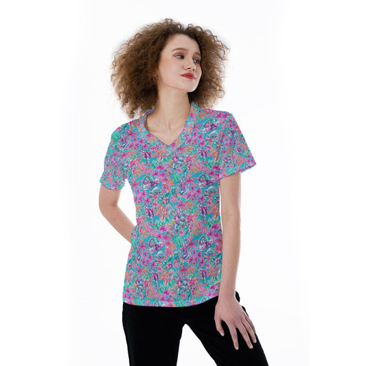 Tropical Bloom Fiesta - Playful Duo - Women's Short Sleeve V-Neck T-Shirt