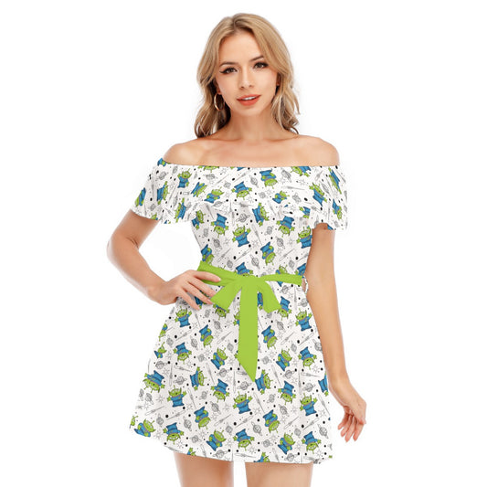 Playful Green Aliens on White - Women's Off-shoulder Ruffle Dress