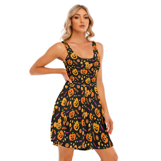 Cheerful Pumpkin Mouse Halloween - Women's Sleeveless Pocket Skater Dress