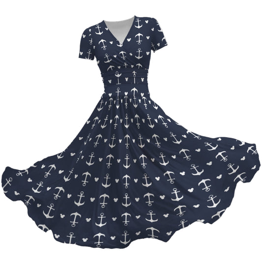 Anchors & Mouse Ears - Women's V-Neck Ruched Midi Dress