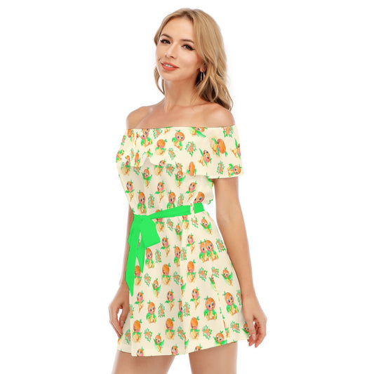 Citrus Charm Bird - Women's Off-shoulder Ruffle Dress