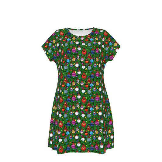 Festive Character Baubles on Green - Women's T-Shirt Dress