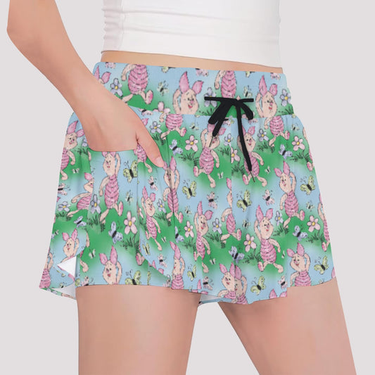 Sketched Shy Friend and Butterflies - Girls’ Flowy Pocket Shorts