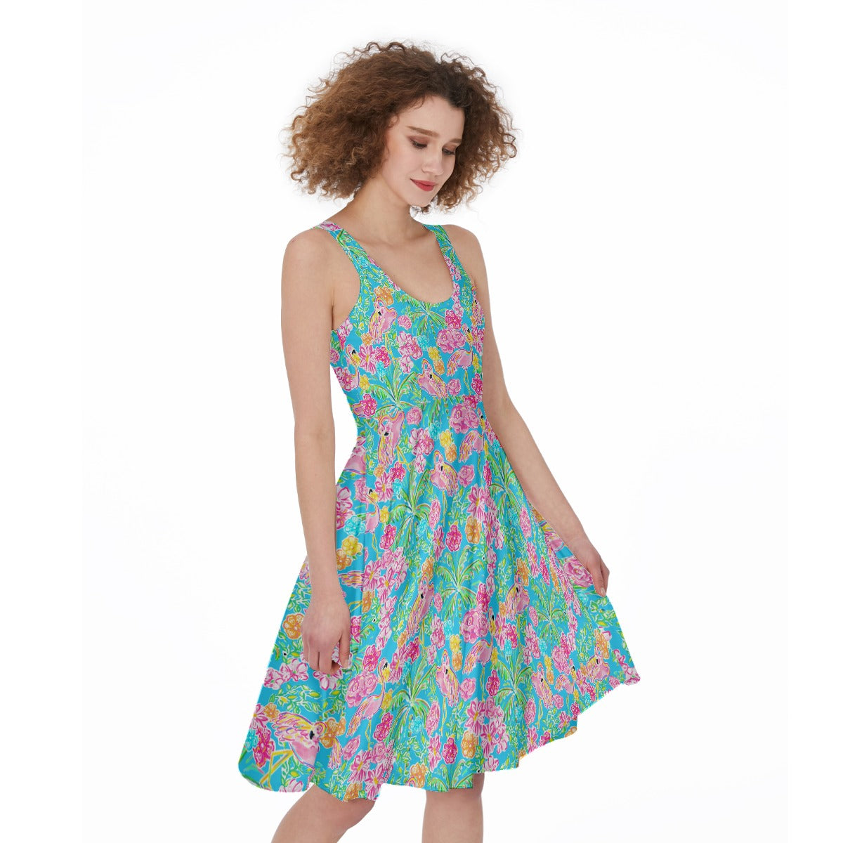 Flamingo Fiesta - Pocket Midi Skater Dress