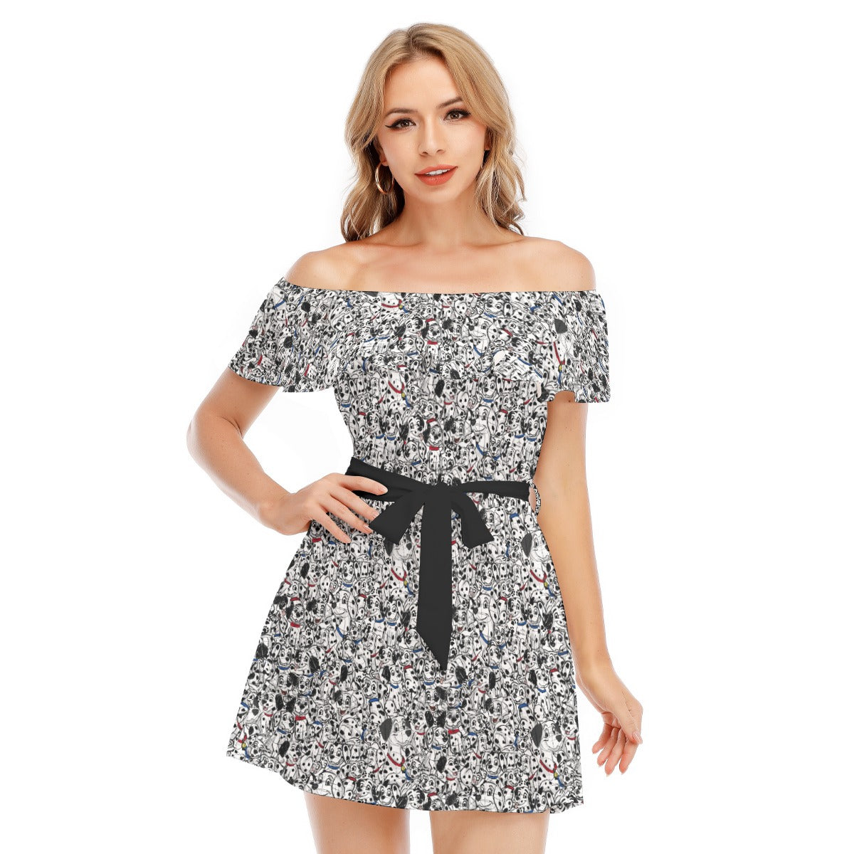Sketchy Spotted Puppies - Women's Off-shoulder Ruffle Dress