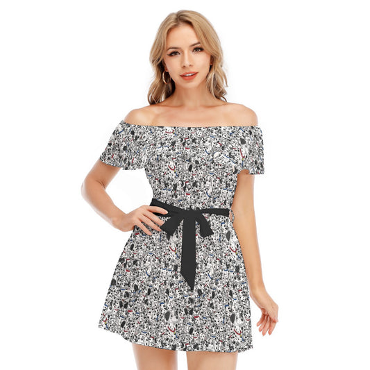 Sketchy Spotted Puppies - Women's Off-shoulder Ruffle Dress