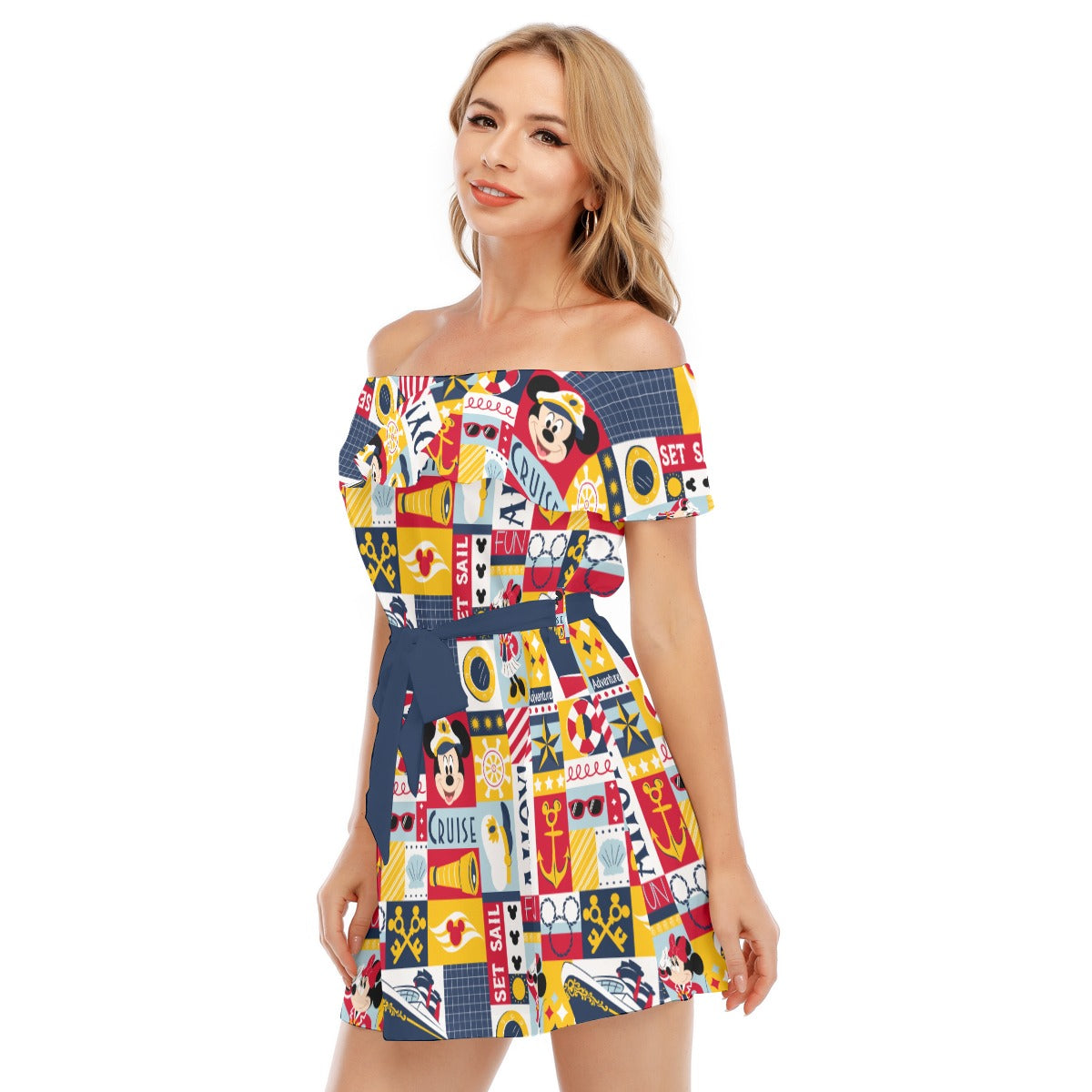 Nautical Cruise Patchwork - Women's Off-shoulder Ruffle Dress