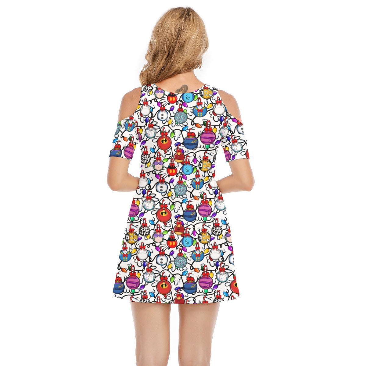 Festive Character Baubles on White - Women's Cold Shoulder Cotton Dress