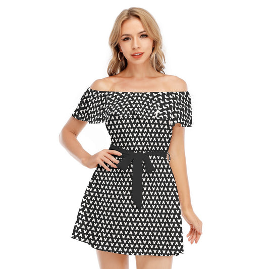 Playful Polka Dot Ears Black - Women's Off-shoulder Ruffle Dress