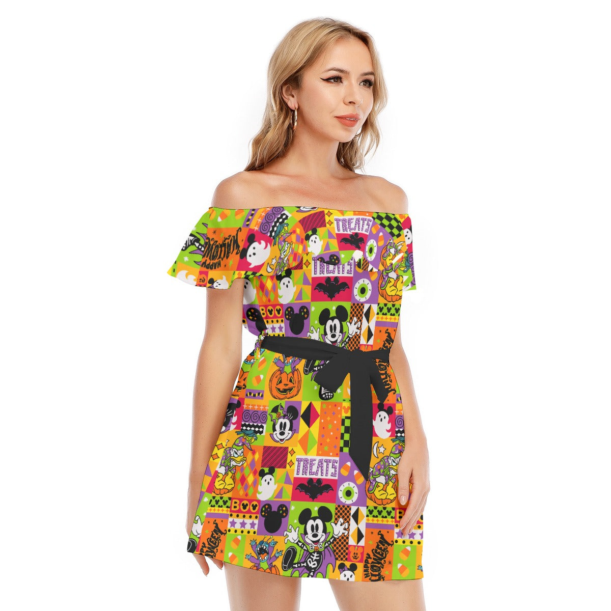 Spooky Patchwork Treats - Women's Off-shoulder Ruffle Dress