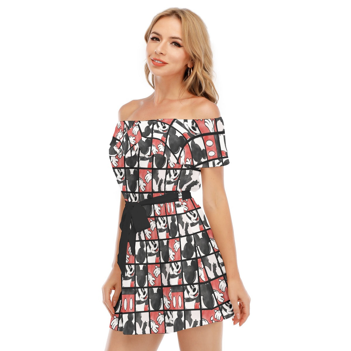 Mouse Block Party - Women's Off-shoulder Ruffle Dress