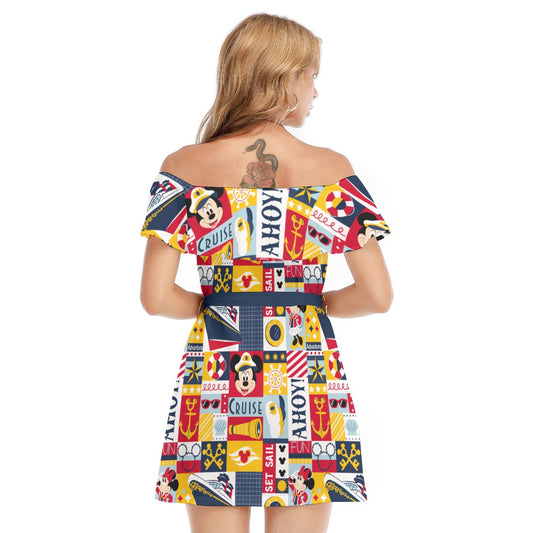 Nautical Cruise Patchwork - Women's Off-shoulder Ruffle Dress