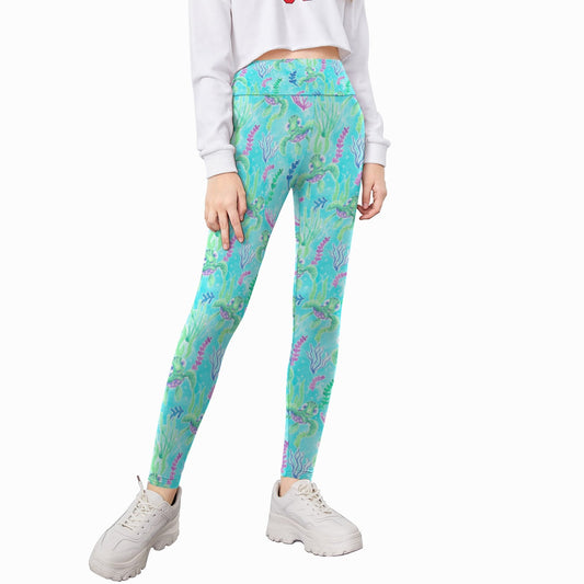 Neon Floral Baby Turtle - Kid's Leggings