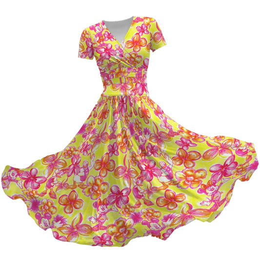 Neon Tropical Floral Friends - Women's V-Neck Ruched Midi Dress