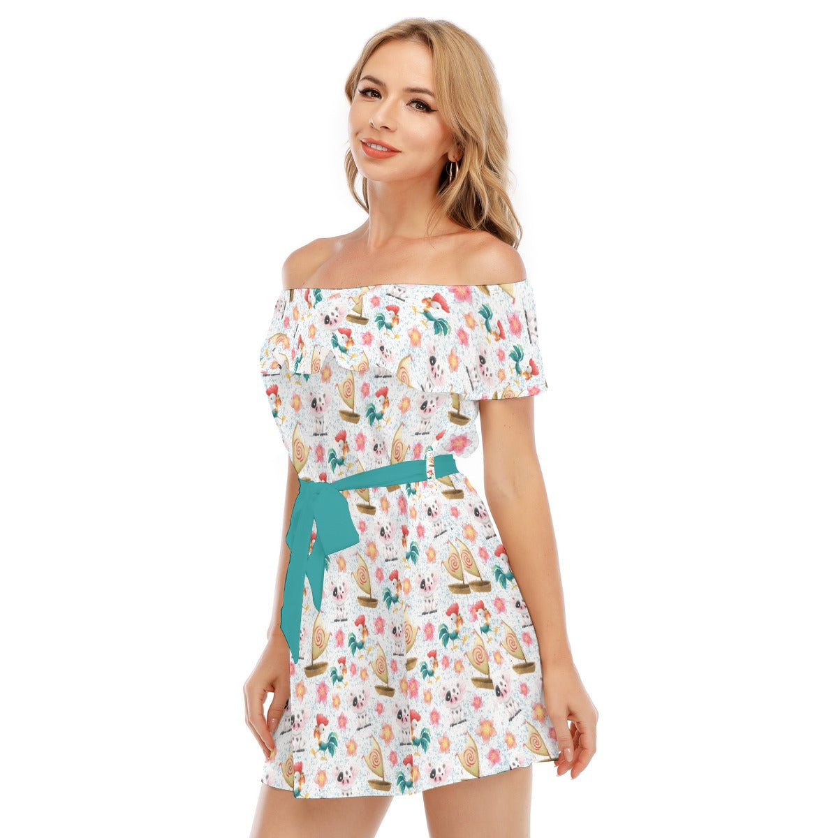 Island Pig & Rooster Duo - Women's Off-shoulder Ruffle Dress