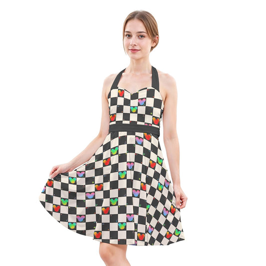 Rainbow Checker Mouse Ears - Women's Halter Vintage Pocket Dress