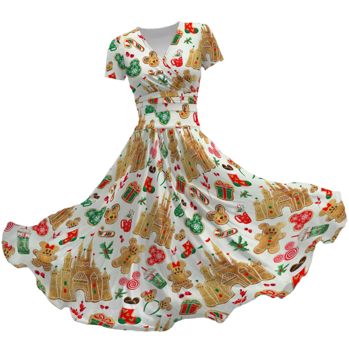 Gingerbread Castle Holiday Treats - Women's V-Neck Ruched Midi Dress