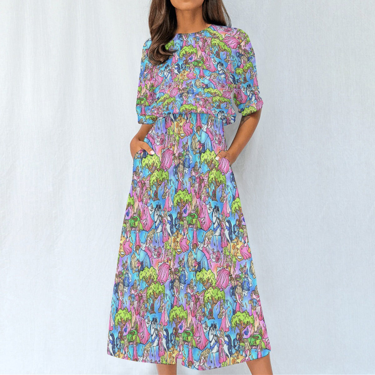 Dreaming Princess Storybook Scenes - Women's Elastic Waist Pocket Midi Dress