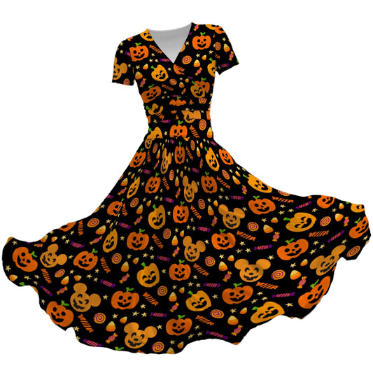 Cheerful Pumpkin Mouse Halloween - Women's V-Neck Ruched Midi Dress