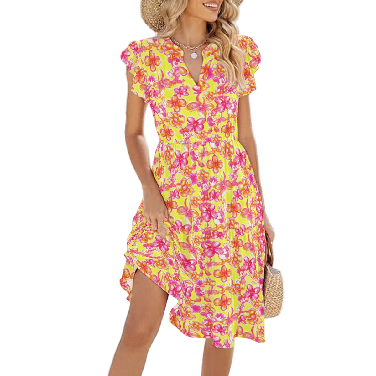 Neon Tropical Floral Friends - Women's Tiered Pocket Midi Dress