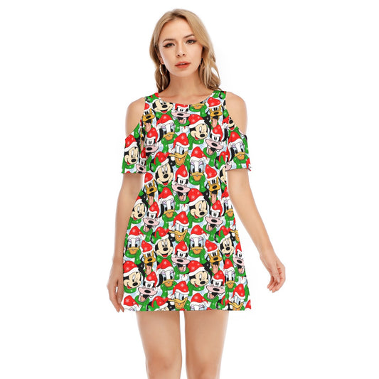 Mouse Friends in Santa HatsHats - Women's Cold Shoulder Cotton Dress