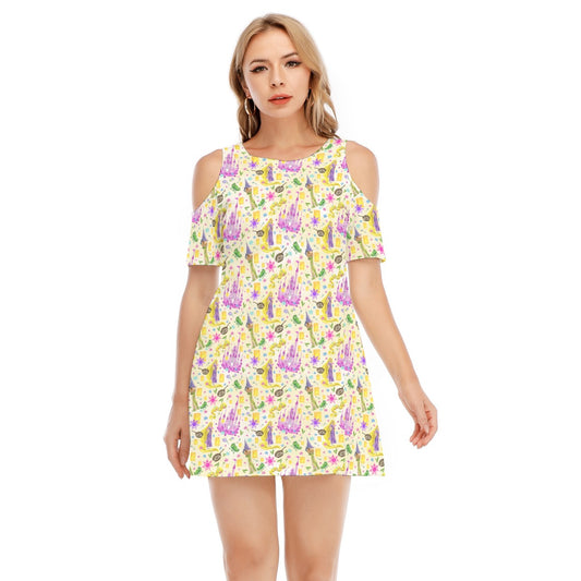 Watercolor Golden Hair Kingdom - Women's Cold Shoulder Cotton Dress