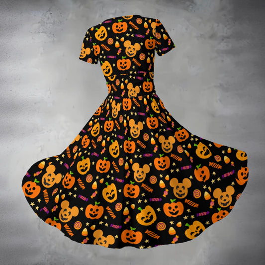Cheerful Pumpkin Mouse Halloween - Women's V-Neck Ruched Midi Dress