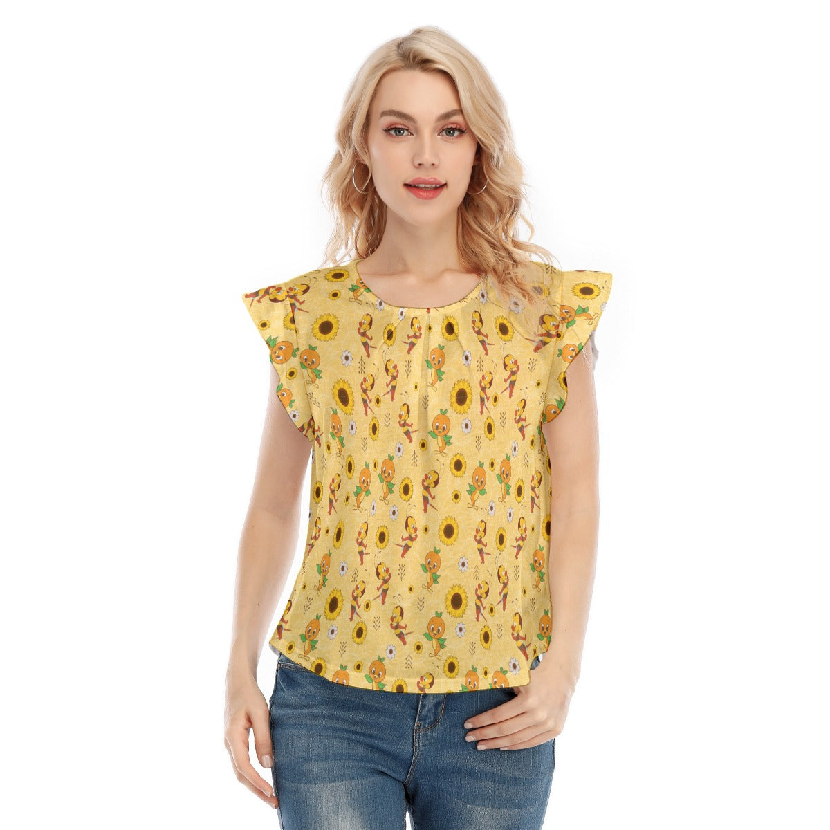 Cheerful Bee & Citrus Bird - Women’s Flutter Sleeve Top