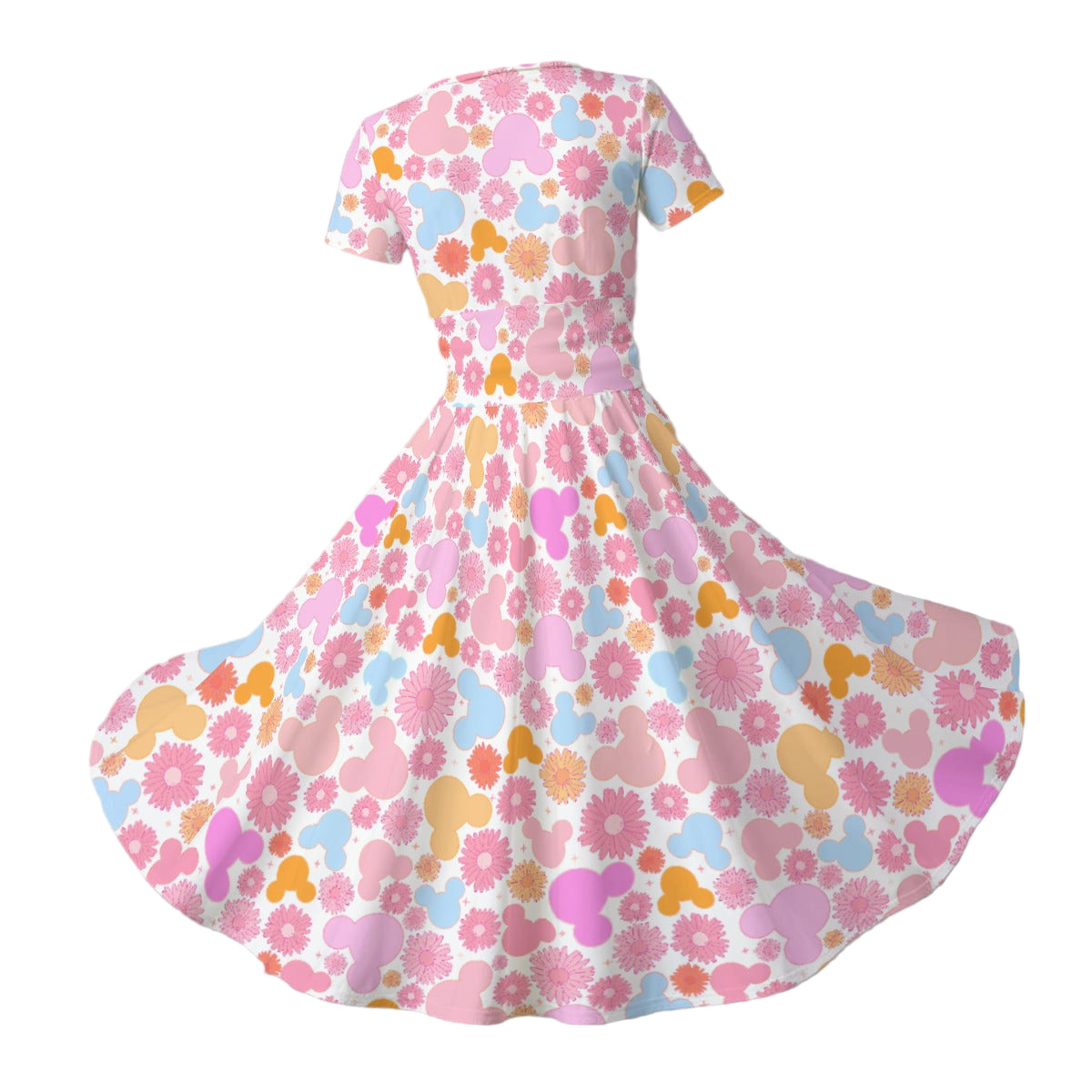 Retro Floral Mouse - Women's V-Neck Ruched Midi Dress