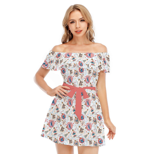 Festive Elf and Ornament Fun - Women's Off-shoulder Ruffle Dress
