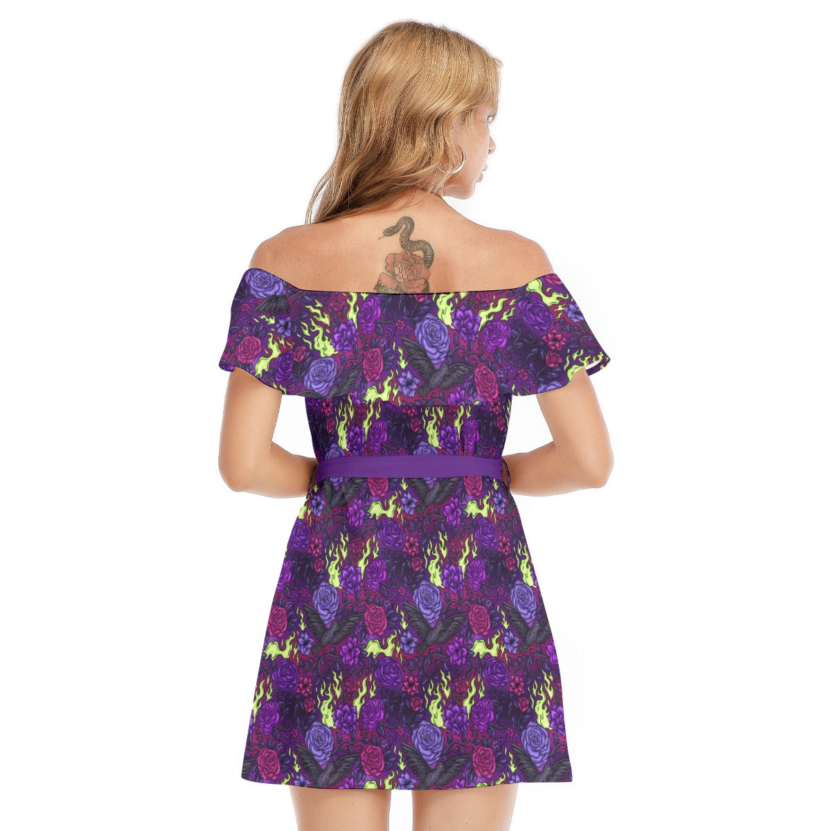 Fairytale Florals - Dark Enchantress - Women's Off-shoulder Ruffle Dress