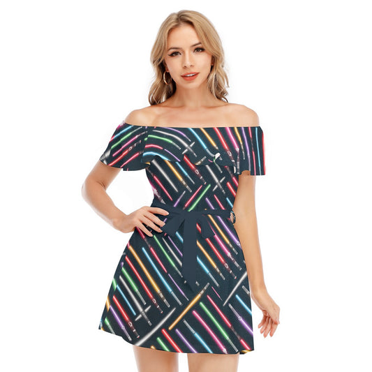 Vibrant Galaxy Sabers - Women's Off-shoulder Ruffle Dress
