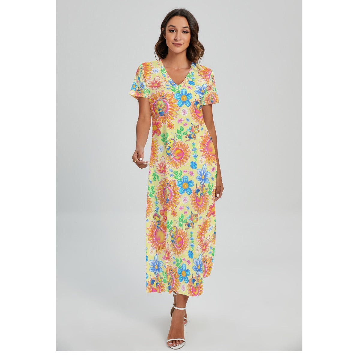 Buzzing Garden Buddy - Women's V-Neck Side Split Maxi Dress