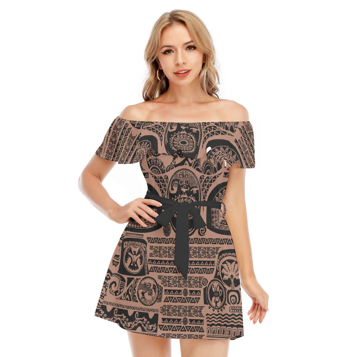 Polynesian Tattoo Motifs - Women's Off-shoulder Ruffle Dress