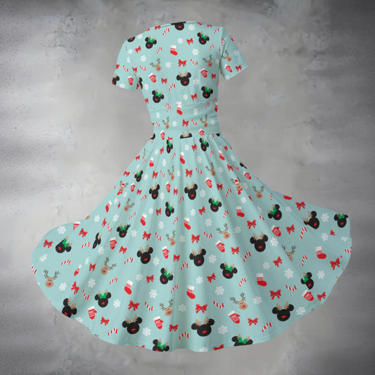 Festive Reindeer Mouse Holidayeers - Women's V-Neck Ruched Midi Dress
