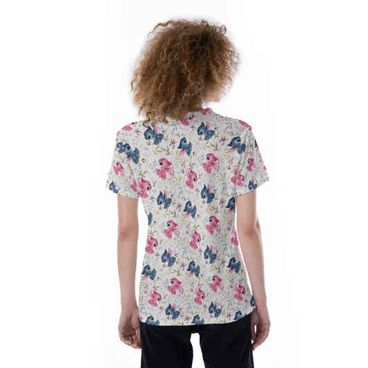 Blue Alien & Pink Friend Love - Women's Short Sleeve V-Neck T-Shirt