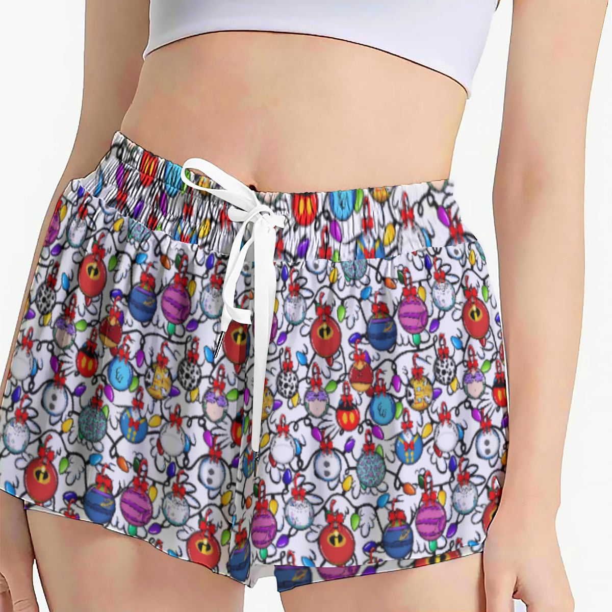Festive Character Baubles on White - Women's Flowy Pocket Shorts