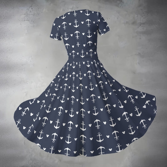 Anchors & Mouse Ears - Women's V-Neck Ruched Midi Dress