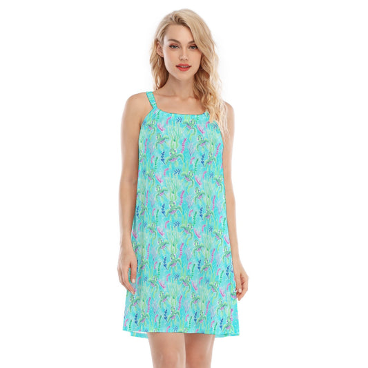 Neon Floral Baby Turtle - Women’s Adjustable Sundress