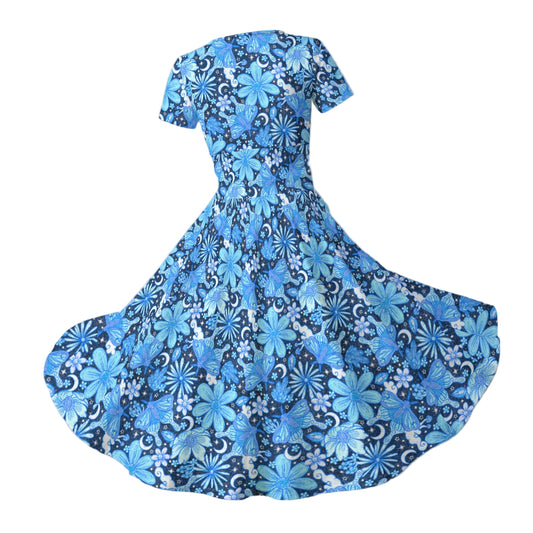 Blue Crystal Moths - Women's V-Neck Ruched Midi Dress
