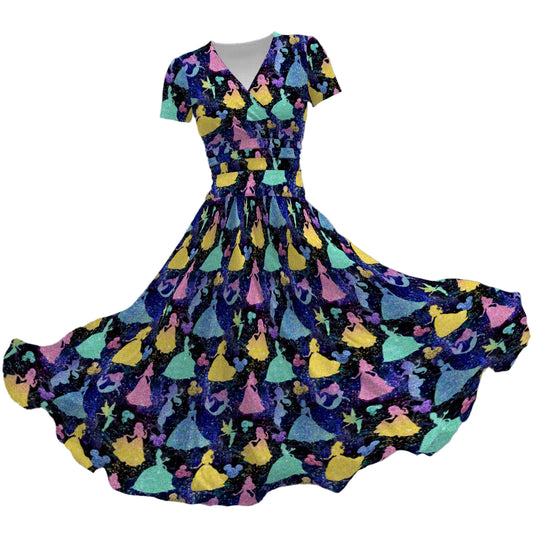 Princess Glitter Silhouettes - Women's V-Neck Ruched Midi Dress