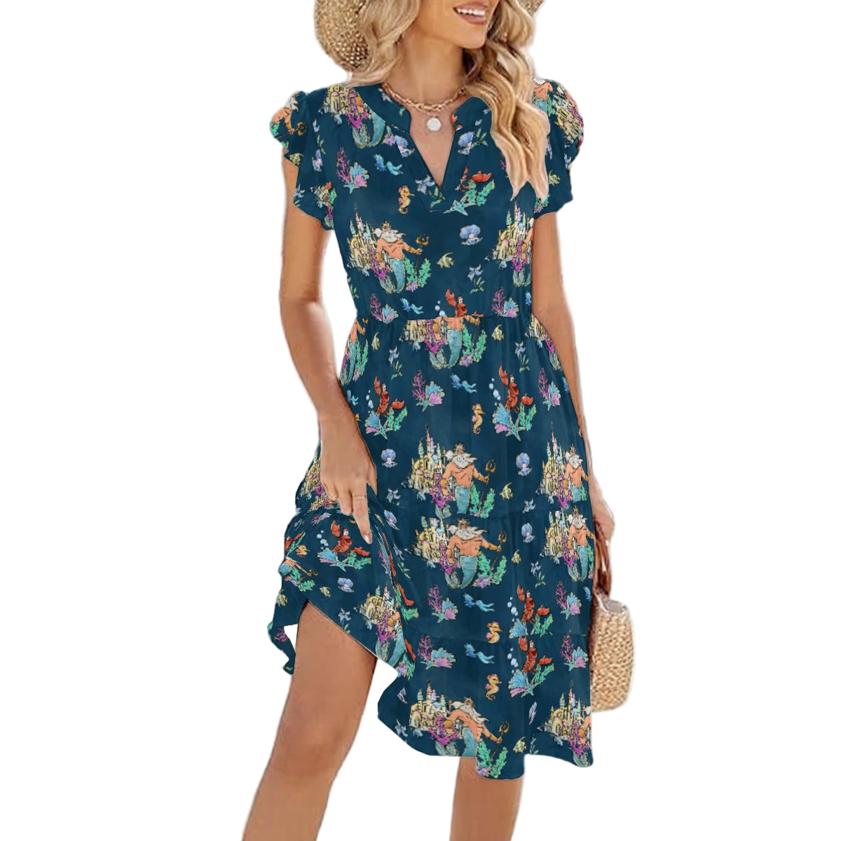 Whimsical Sea King and Crab - Women's Tiered Pocket Midi Dress