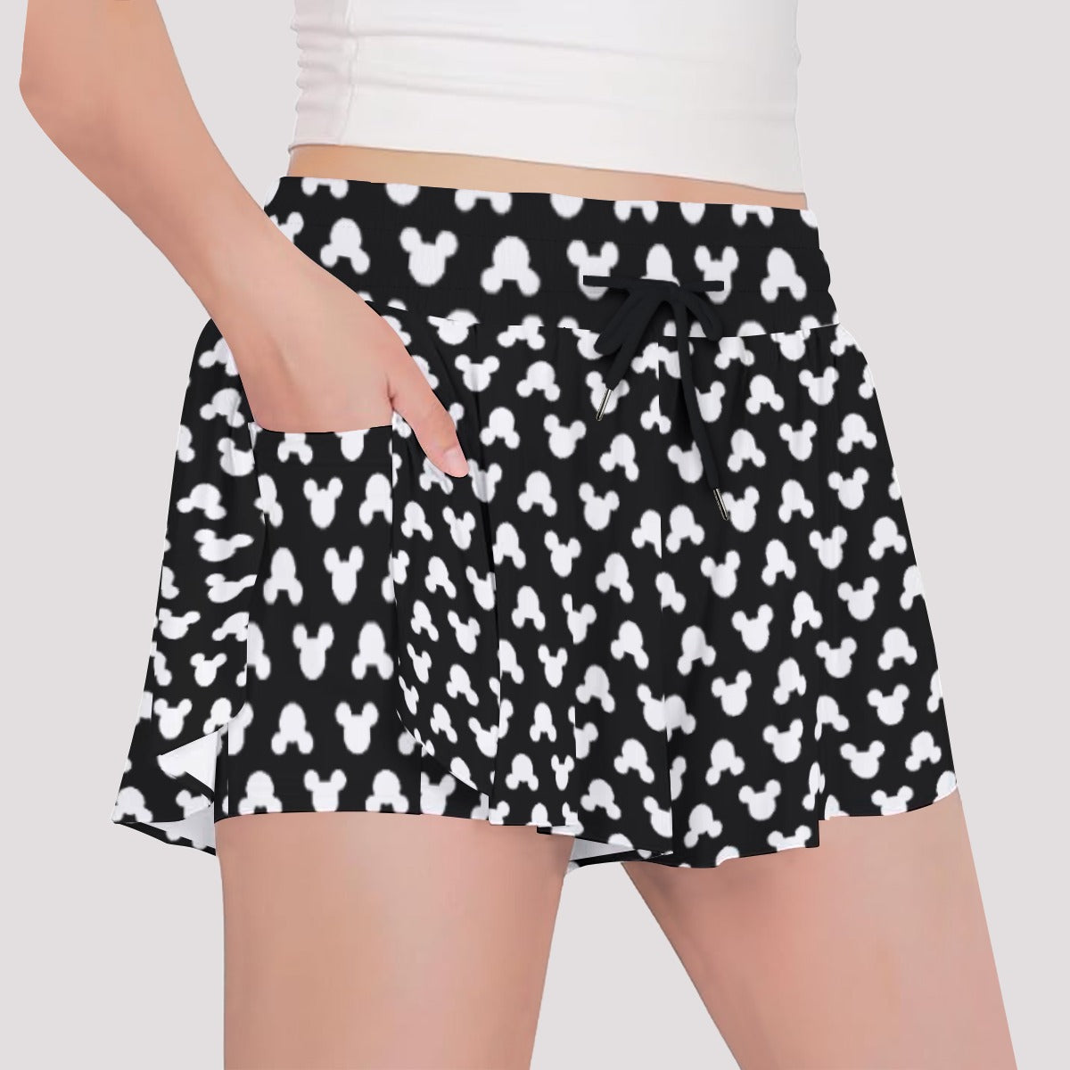 Playful Polka Dot Ears Black - Girls’ Flowy Pocket Shorts