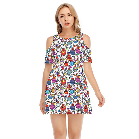 Festive Character Baubles on White - Women's Cold Shoulder Cotton Dress