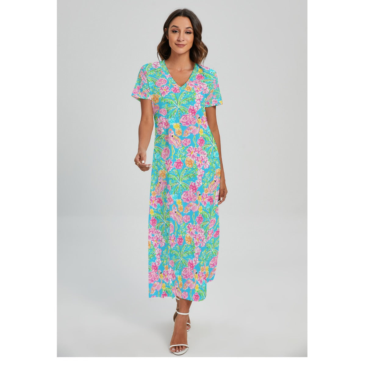 Flamingo Fiesta - Women's V-Neck Side Split Maxi Dress