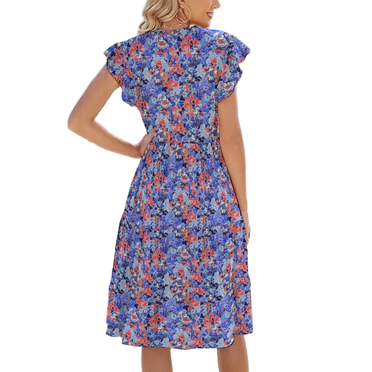 Navy Blooms Cruise - Women's Tiered Pocket Midi Dress