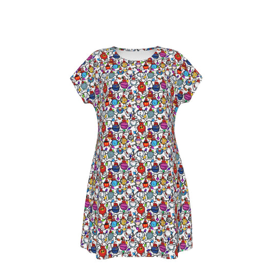 Festive Character Baubles on White - Women's T-Shirt Dress