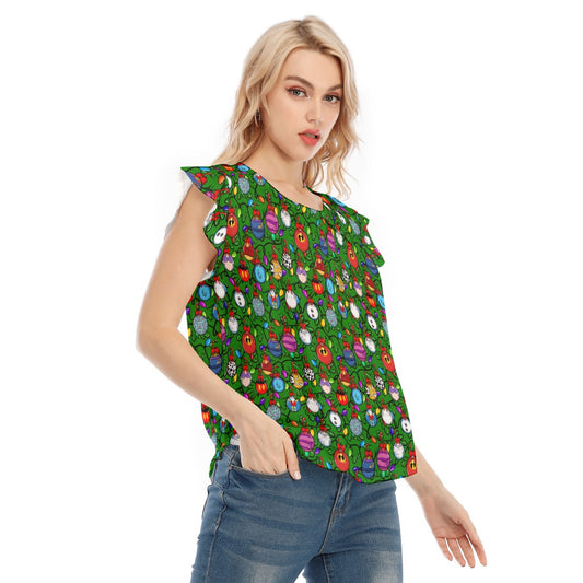 Festive Character Baubles on Green - Women’s Flutter Sleeve Top