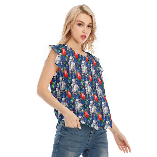 Little Blue Christmas Droid - Women’s Flutter Sleeve Top